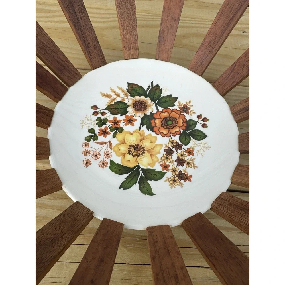 Vintage  MCM Slatted Teak Wood Fruit Bowl w/ Hand-Painted Porcelain Base Basket